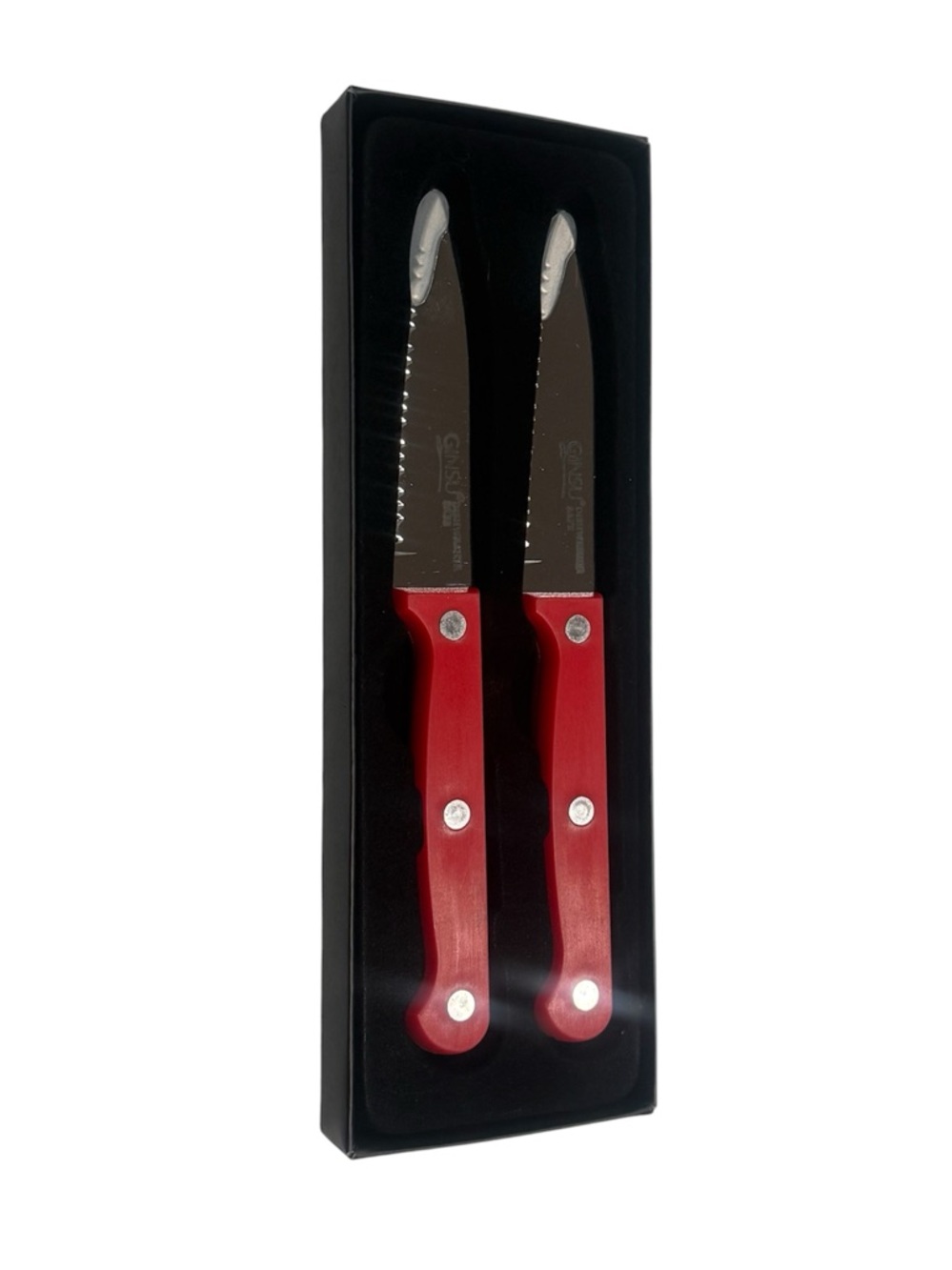 Ginsu Kiso 2-Piece Kitchen Serrated Steak Knife Cutlery Set Red Handle NEW BOX - Picture 2 of 3
